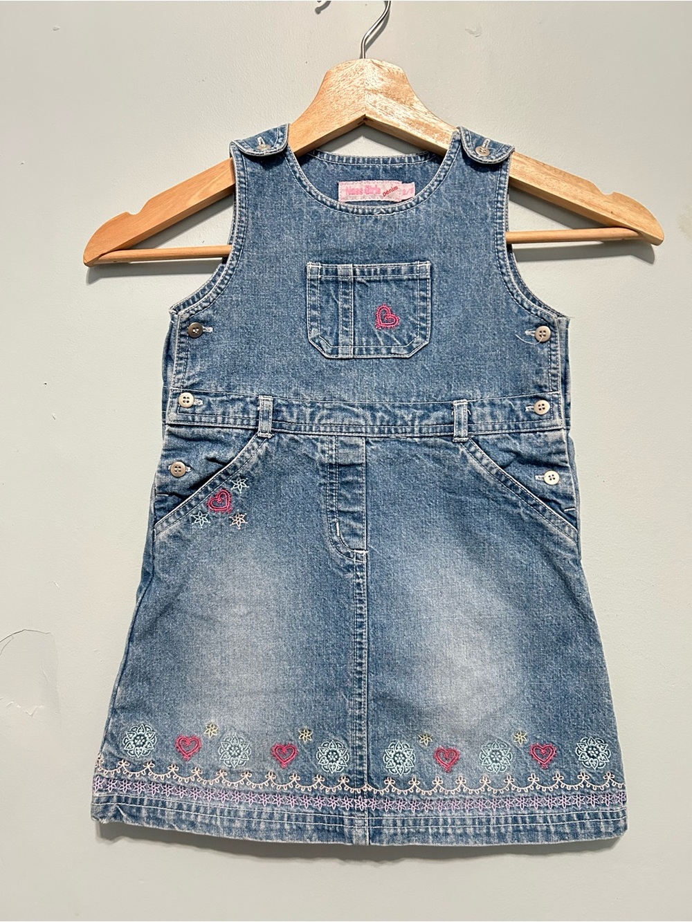 Vintage Denim Heart Embroidered Kids Pinafore Dress size 2-3T
